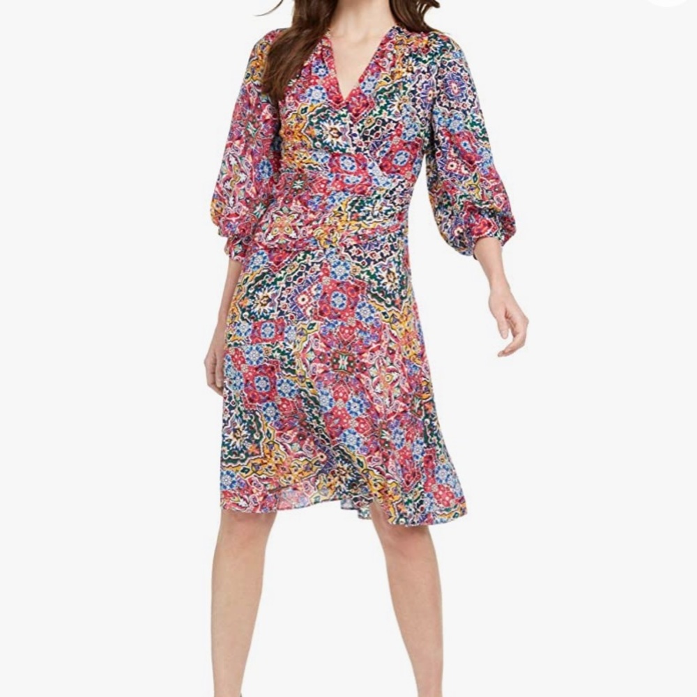 Calvin Klein Puffed Sleeve Faux Wrap Dress